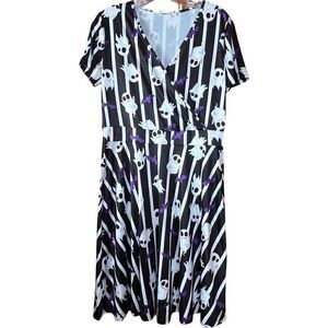 MSBasic Faux Wrap dress in Striped Halloween Print with Ghosts and Bats Size L